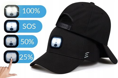 CZARNA CZAPKA Z DASZKIEM Z LATARKĄ USB POCZWÓRNE MOCNE DIODY LED WEBSKI na Arena.pl