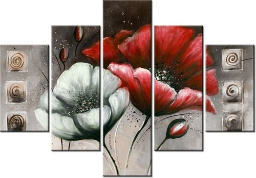 70 100CM OBRAZ 5 ELEM MALOWANE MAKI CZERWIENI BRĄZIE DRUK PŁÓTNO na Arena.pl