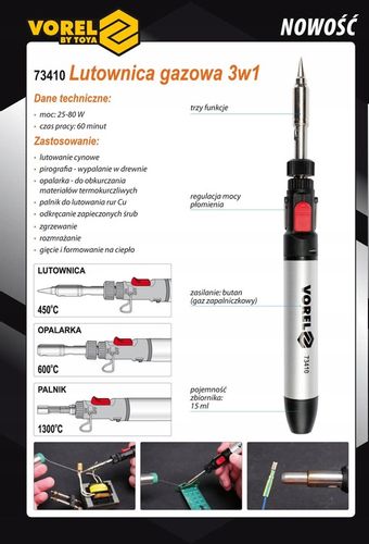 VOREL LUTOWNICA GAZOWA BUTAN OPALARKA PALNIK 3w1 70W 450-1300°C VOREL 73410 na Arena.pl
