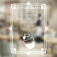 Naklejka zapraszamy godziny otwarcia na witrynę drzwi szybę CUKIERNIA 35x38