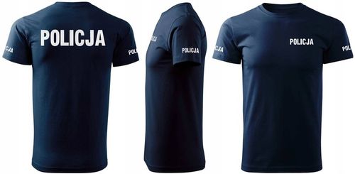 Granatowa koszulka z krótkim rękawem dla policjantów napis odblask POLICJA na Arena.pl