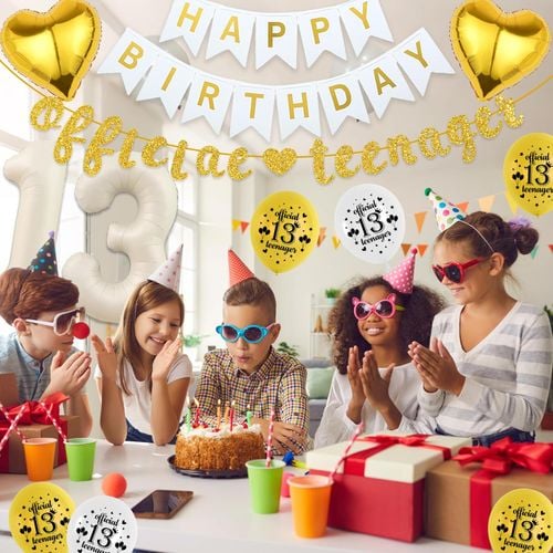 Zestaw Dekoracji 13 Urodziny 66 Sztuk Biało Złote Balony Baner Konfetti na Arena.pl