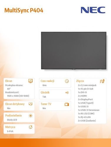 NEC 40'' MultiSync P404 LED 700cd/m2 24/7 OPS slot na Arena.pl