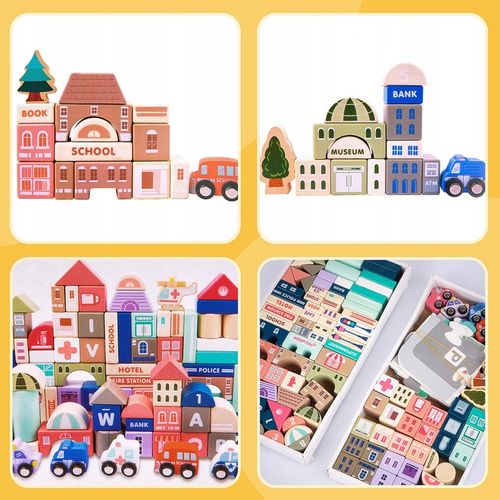 DREWNIANE KLOCKI ZESTAW DROGA MIASTO 115 ELEMENTÓW MATA POJAZDY AKCESORIA na Arena.pl