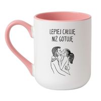 KUBEK "LEPIEJ CAŁUJĘ NIŻ GOTUJĘ" Wzór - Elegant Biało-Różowy 330 ml