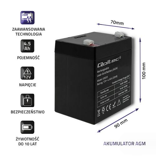 Qoltec Akumulator AGM  | 12V | 4.5Ah | max 67.5A na Arena.pl