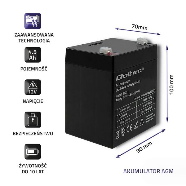 Qoltec Akumulator AGM  | 12V | 4.5Ah | max 67.5A zdjęcie 3