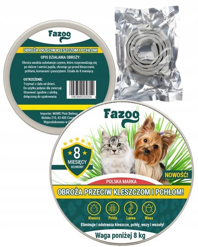OBROŻA NA KLESZCZE i Pchły dla Psa Kota Antykleszczowa 8 Miesięcy Fazoo na Arena.pl