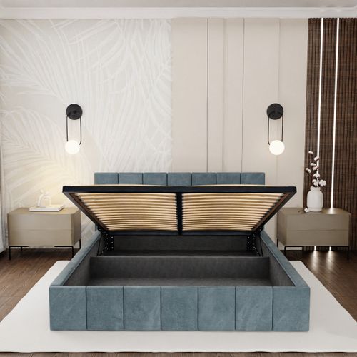 ŁÓŻKO TAPICEROWANE DO SYPIALNI 140x200 ŁÓŻKO PREMIUM Z POJEMNIKIEM MORSKIE na Arena.pl