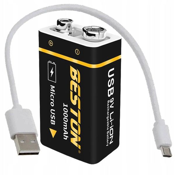 Akumulator 9V microUSB 1000mAh 6F22 6LR61 522 E-BLOCK R9 + kabel zasilający zdjęcie 1