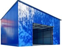 Hala Garaż blaszany 7x8m brama uchylna niebieski dach spad w bok PLG260