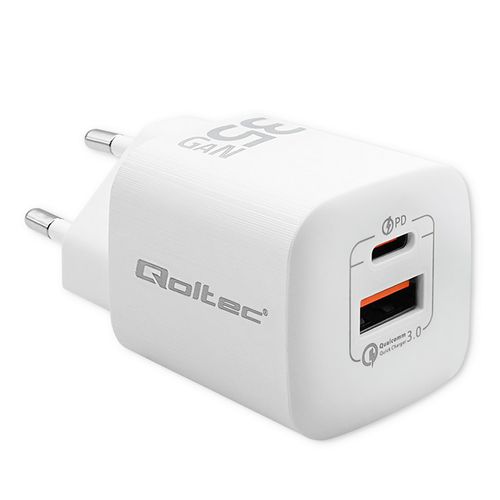 Qoltec Ładowarka sieciowa 35W GaN ULTRA | 5-20V | 2.25-3A | 1 x USB typ C PD | 1 x USB QC 3.0 | Biała na Arena.pl