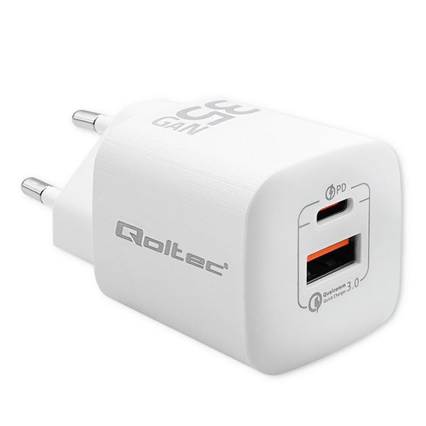Qoltec Ładowarka sieciowa 35W GaN ULTRA | 5-20V | 2.25-3A | 1 x USB typ C PD | 1 x USB QC 3.0 | Biała zdjęcie 1