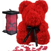 Miś z płatków róż prezent dzień nauczyciela urodziny czerwony z wstążka