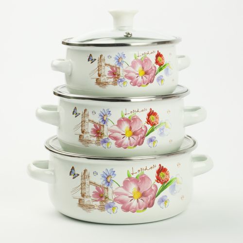 ZESTAW MAŁYCH GARNKÓW 0,7/1,2/1,7L EMALIOWANE WZÓR KWIATY GAZ INDUKCJA na Arena.pl