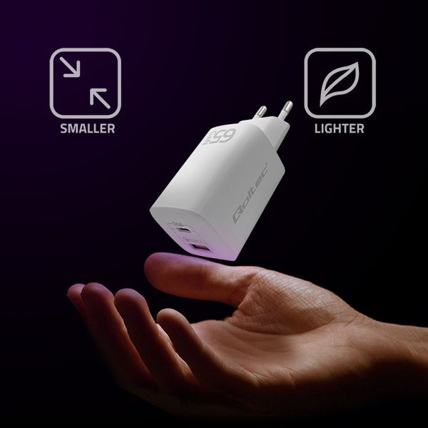 Qoltec Ładowarka sieciowa 65W GaN ULTRA | 5-20V | 2.25-3.25A | 1 x USB typ C PD | 1 x USB QC 3.0 | Biała zdjęcie 2