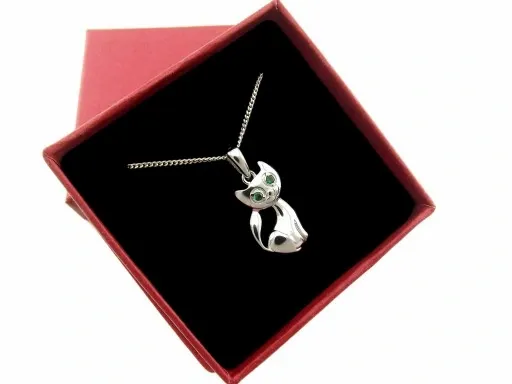 Naszyjnik Srebrny 925 Łańcuszek i Wisiorek Kotek Kot z Zielonymi Oczami zdjęcie 8
