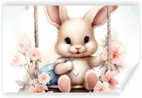 Fototapeta PREMIUM STRUKTURA ZMYWALANA Królik na huśtawce wśród kwiatów