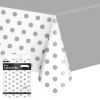OBRUS FOLIOWY PROSTOKĄTNY SREBRNY W KROPKI 137X274cm DUŻY