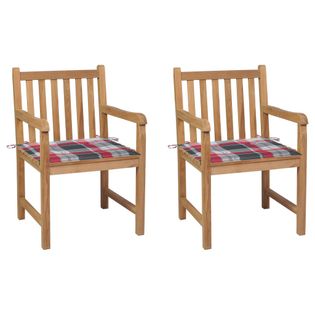 Krzesła Ogrodowe Z Poduszkami W Czerwoną Kratę, 2 Szt., Tekowe