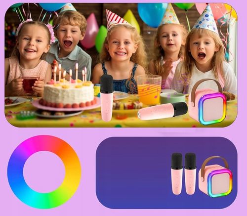 GŁOŚNIK PRZENOŚNY ZESTAW DO KARAOKE RGB BLUETOOTH 2 MIKROFONY USB JACK PINK na Arena.pl