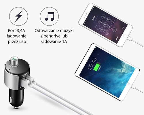 OBSERWUJ Transmiter FM 2xUSB BLUETOOTH MP3 ŁADOWARKA 3,4A na Arena.pl