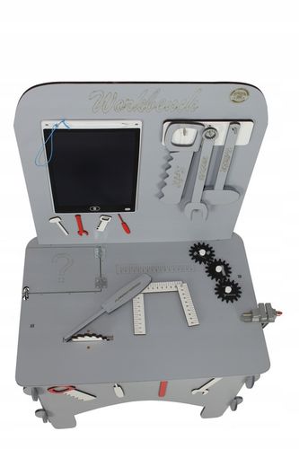 KOLOR Drewniany warsztat majsterkowicz tablet kłódka imadło schowek piła PL na Arena.pl