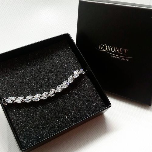 BRANSOLETKA srebrna ślubna wesele KLASA diamenty LUKSUS listki 8-0002 na Arena.pl