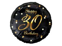 Balon foliowy "B&C Happy 30 Birthday", czarny, nadruk złoty, 45cm (18 cali)