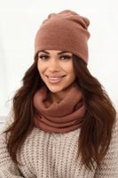 KOMPLET POLSKI KOBIECY DAMSKI ZIMOWY CIEPŁY CZAPKA KOMIN DUŻY BRĄZOWY 2468