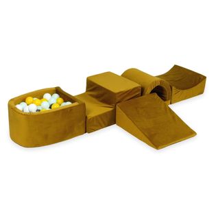 Piankowy plac zabaw z mostkiem i z basenem micro Velvet złoty + 100 piłek (żółte, jasna mięta, metaliczny grafit, białe)