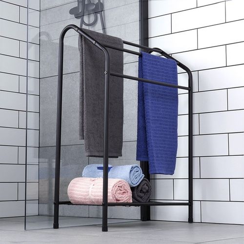 Stojak na Ręczniki Wieszak Łazienkowy Podłogowy Stojący Czarny + Półka na Arena.pl