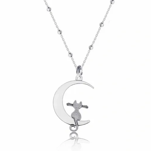 Kot kotek na księżycu srebrny komplet biżuterii kulkowy srebro 925 zdjęcie 3