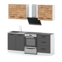 Meble Kuchenne Szare Z Drewnem Modułowe Zestaw Mini Mokka 200cm Dąb Wotan