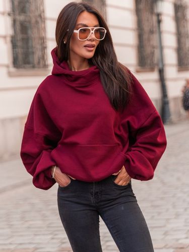 Bawełniana dresowa damska bluza z kapturem na stójce oversize bordowa na Arena.pl