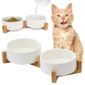 MISKA PODWÓJNA DLA KOTA MISKI CERAMICZNE NA STOJAKU BAMBUSOWYM 2X400ML