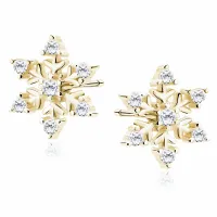 POZŁACANE SREBRNE KOLCZYKI WKRĘTKI PŁATKI ŚNIEGU ŚNIEŻYNKI BIAŁE CYRKONIE