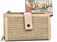 portfel damski skóra naturalna beżowy, plecionka