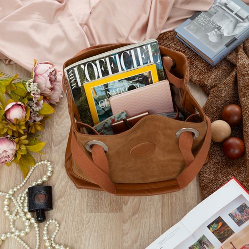 VERA PELLE torebka zamszowa shopper z parcianymi rączkami V707 camel na Arena.pl