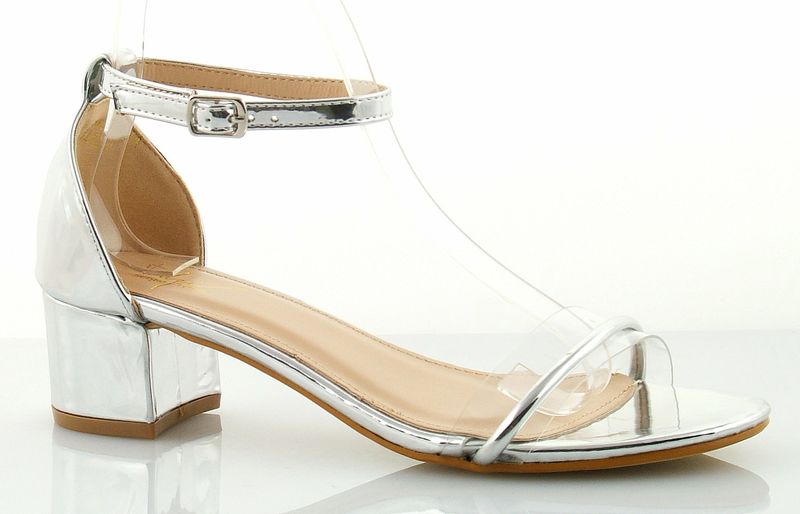 Sandały na słupku 4,5 cm. piętka pasek srebrne Rozmiar obuwia - 37 zdjęcie 1