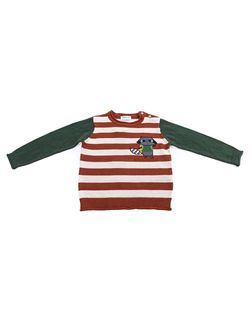 Chłopięcy, biało-zielony sweter w czerwone paski z nadrukowanym szopem 6/9 Brązowy