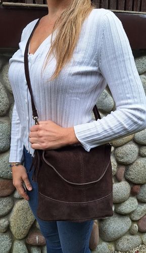 Vera Pelle Torebka Listonoszka SKÓRA NATURALNA ZAMSZ Worek CZEKOLADA na Arena.pl