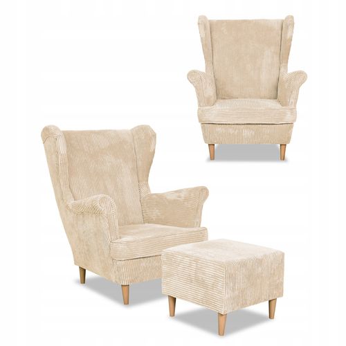 Zestaw wypoczynkowy uszak Bonito sofa fotele pufy  beż sztruks na Arena.pl