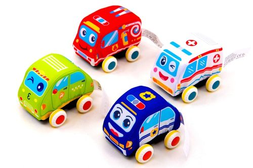 PLUSZOWE MIĘKKIE AUTKA SAMOCHODZIKI Z NAPĘDEM ZESTAW 4 SZTUK na Arena.pl