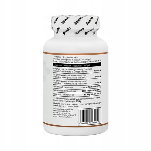 SOWELO OMEGA 3 330 EPA 220 DHA D3+K2+VIT E 100 Kapsułek na Arena.pl