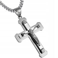 Naszyjnik srebrny duży krzyż krzyżyk Jezus stal szlachetna 316L 60 cm