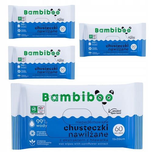 Chusteczki nawilżane Bambiboo 4x60szt. z ekstraktem z bławatka 99% wody na Arena.pl