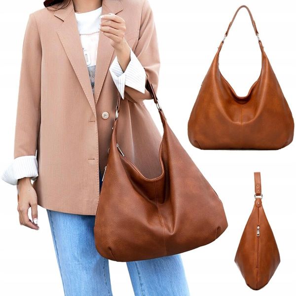 Damska Torebka Skórzana Brązowa Worek Pojemna A4 zdjęcie 4