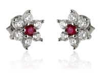 RODOWANE KOLCZYKI SREBRNE KWIATEK RUBIN CYRKONIE