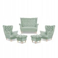 Zestaw wypoczynkowy Carol sofa fotele pufy paski Family Meble seledynowy